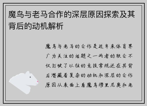 魔鸟与老马合作的深层原因探索及其背后的动机解析