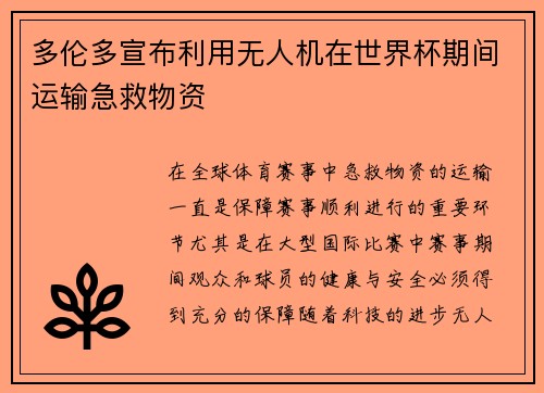 多伦多宣布利用无人机在世界杯期间运输急救物资